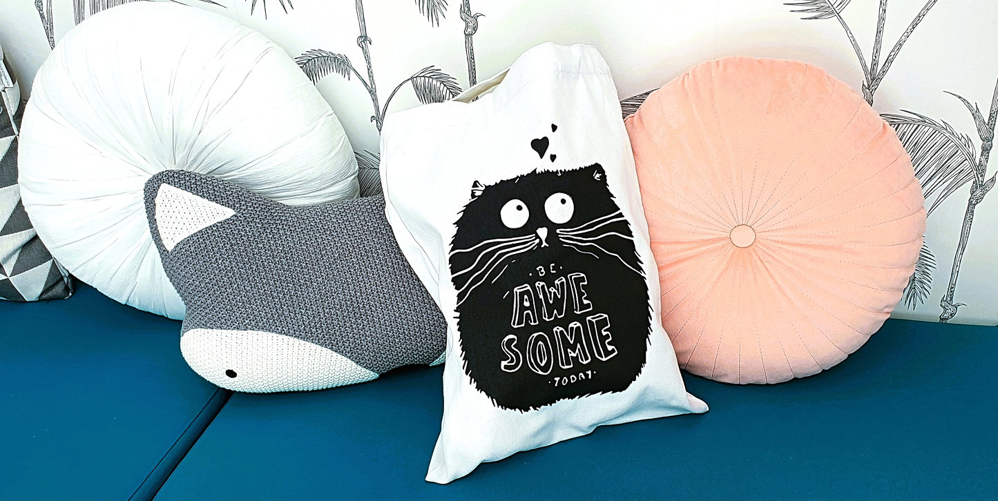 Cat pattern canvas tote bag with inner pocket