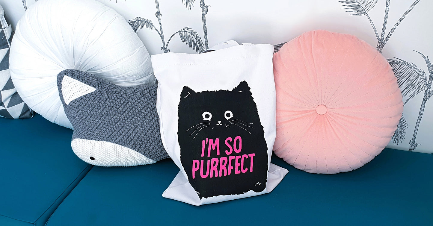 Cat pattern canvas tote bag with inner pocket