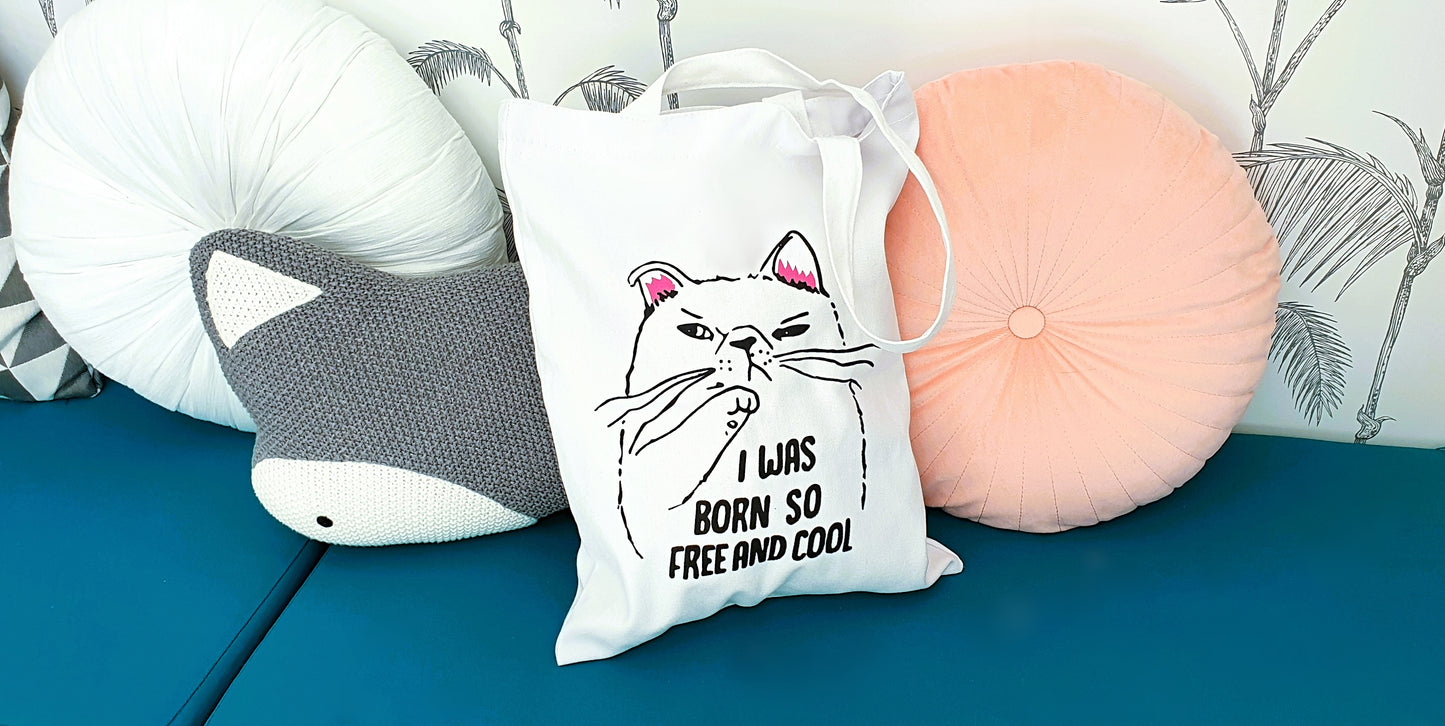 Cat pattern canvas tote bag with inner pocket