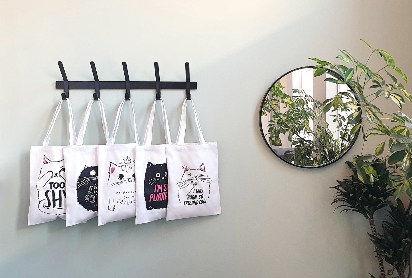 Cat pattern canvas tote bag with inner pocket