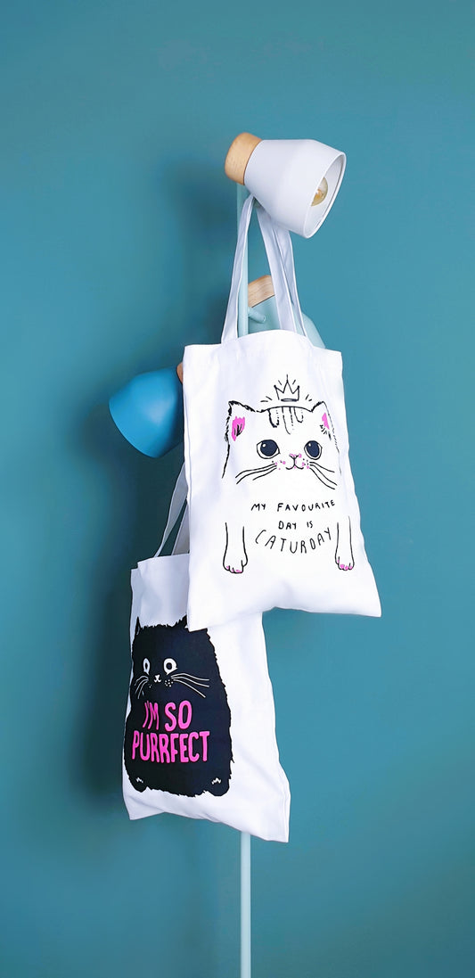 Cat pattern canvas tote bag with inner pocket