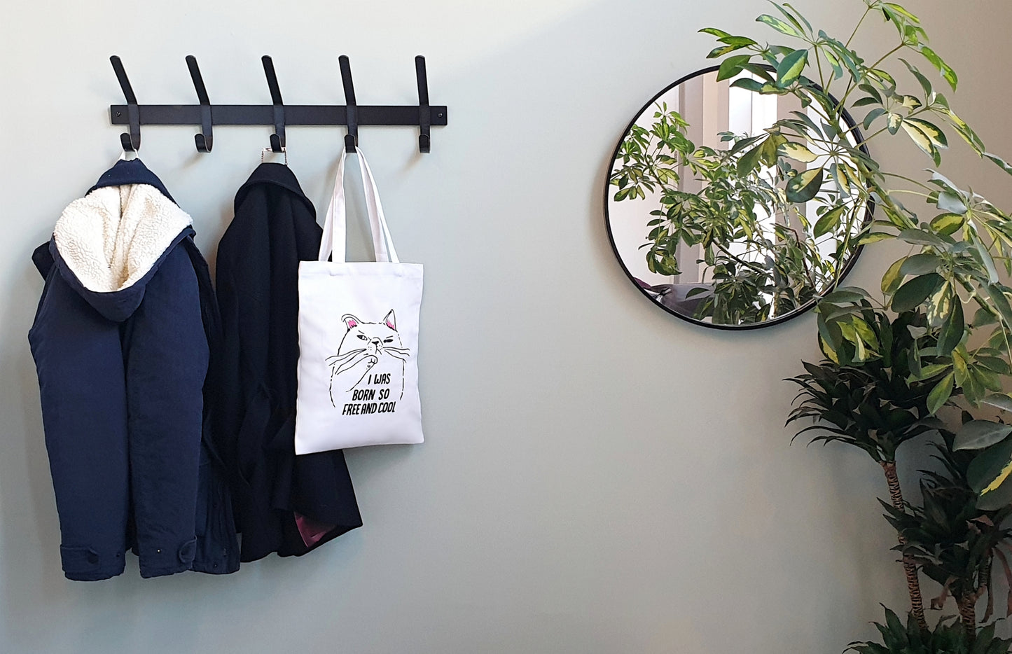 Cat pattern canvas tote bag with inner pocket